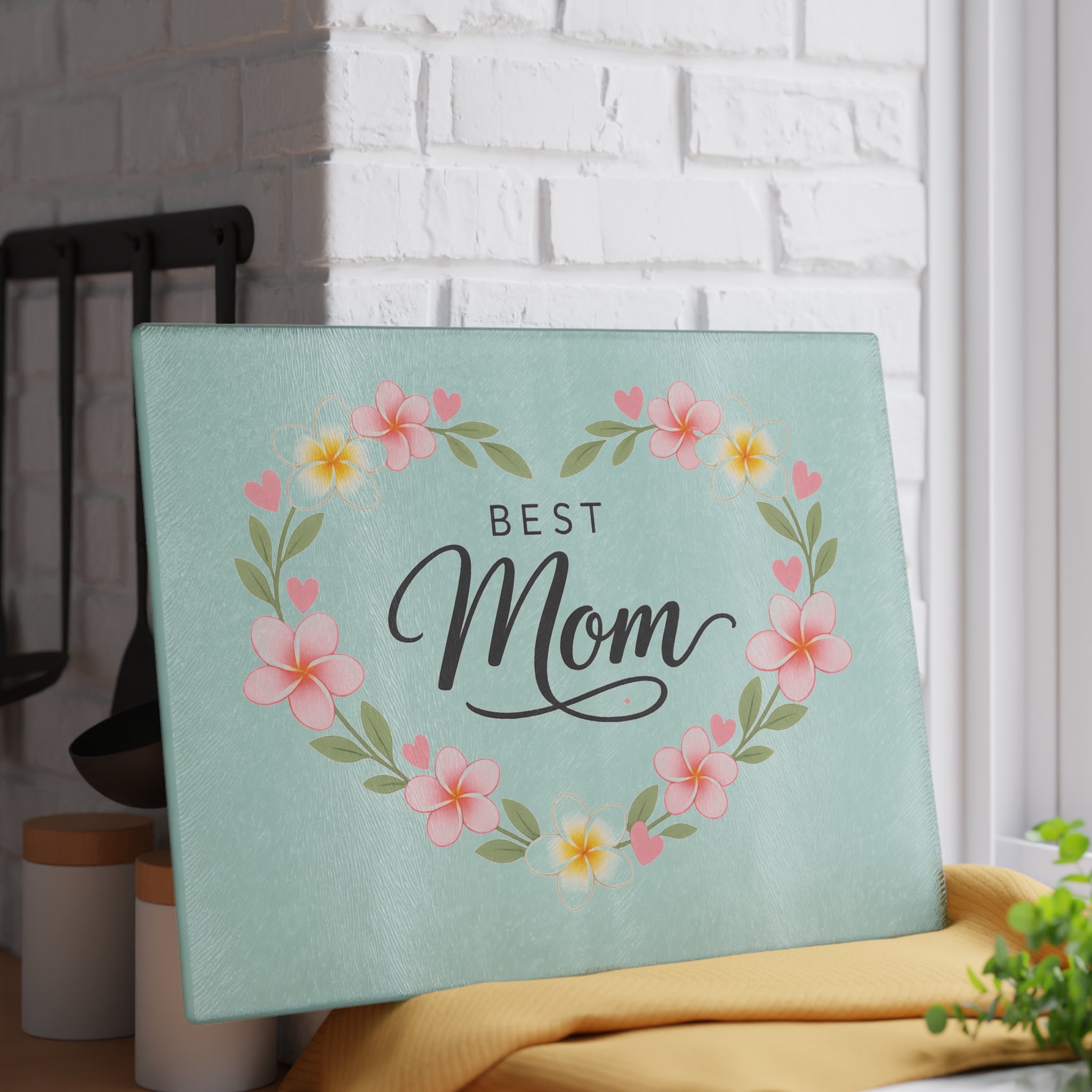 Best Mom Floral Glass Cutting Board — Mother’s Day Kitchen Gift