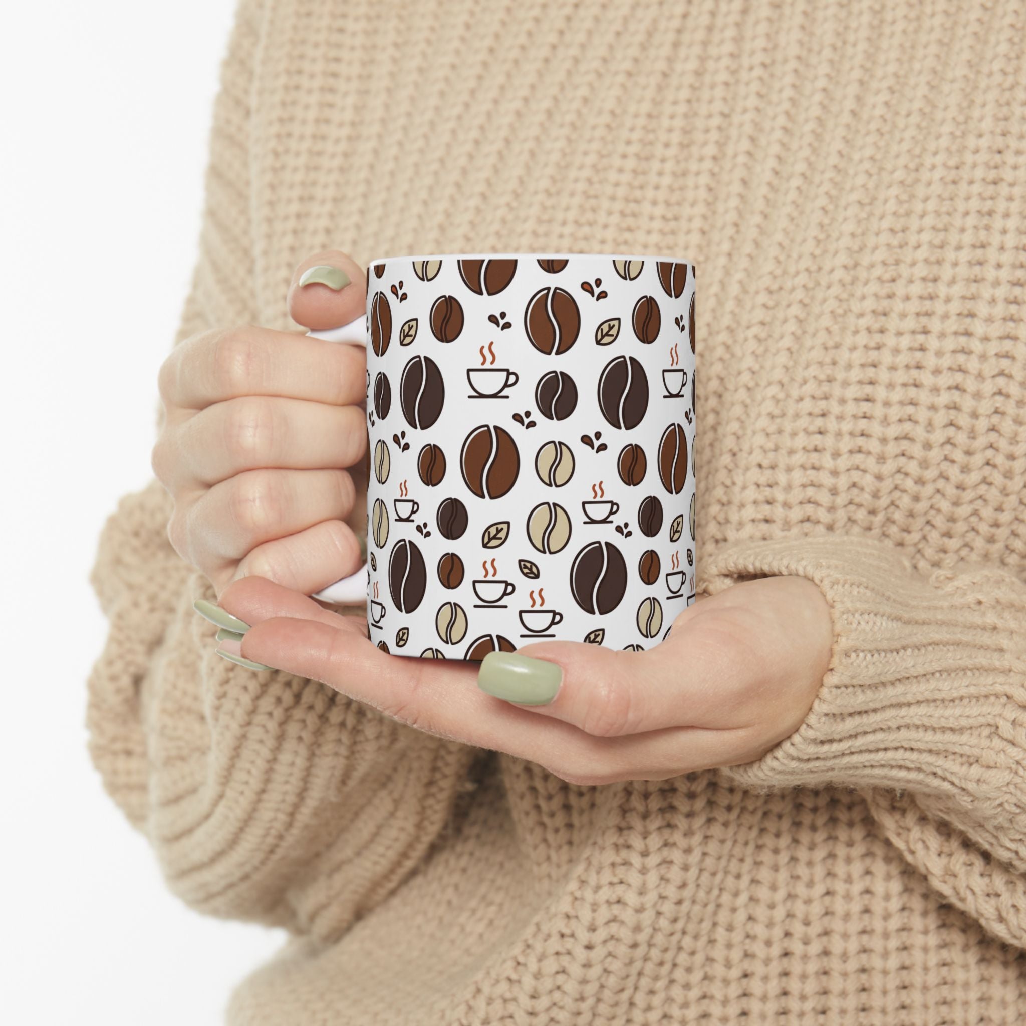 Coffee Bean Pattern Ceramic Mug – 11oz & 15oz Coffee Lover Gift