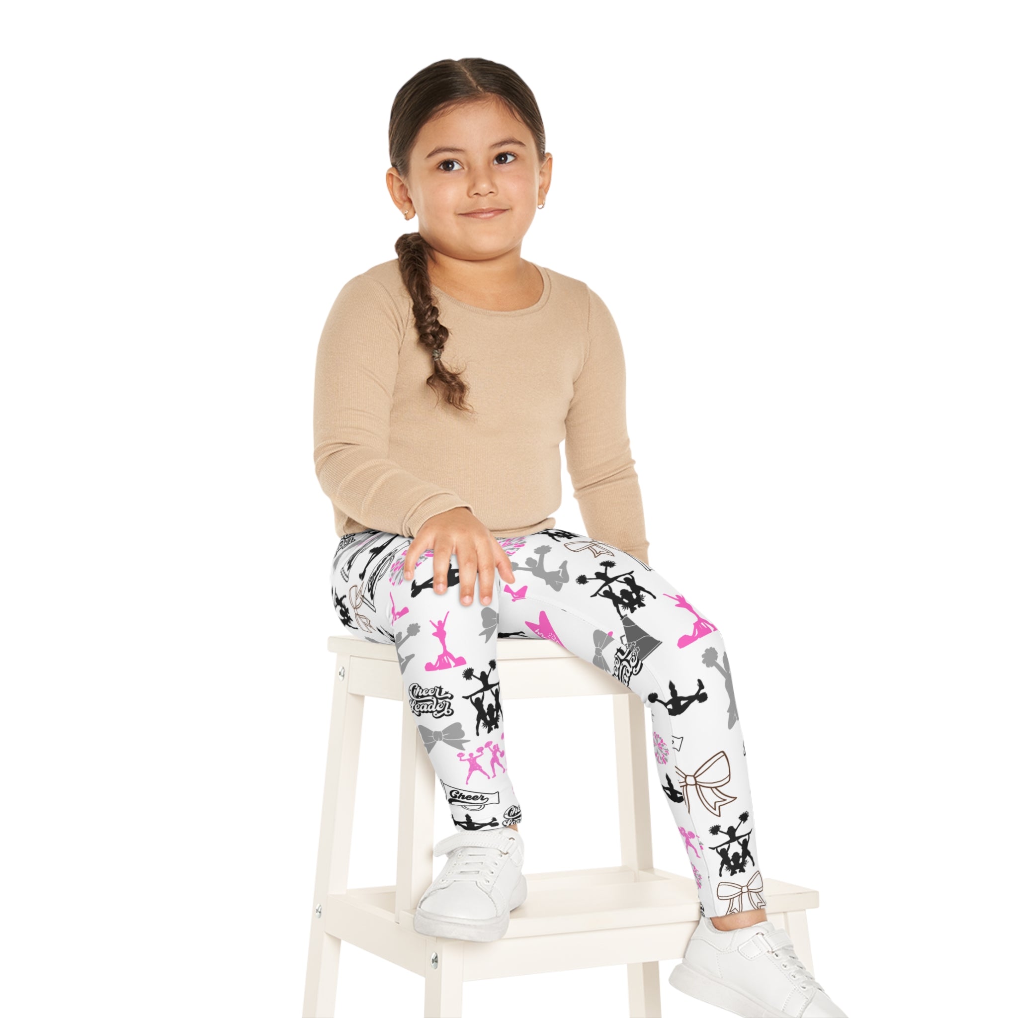 Kids Cheerleading Leggings — Pink & Gray Cheerleader Icons All-Over Print