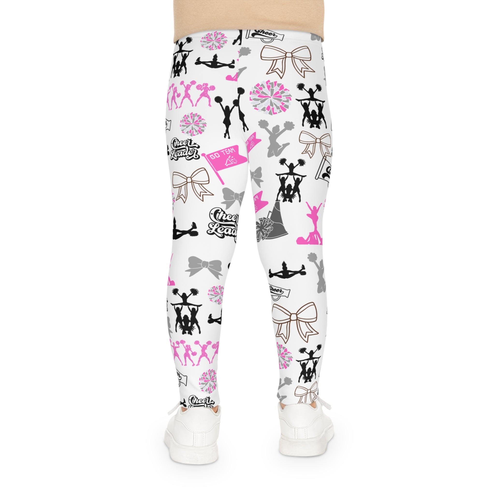 Kids Cheerleading Leggings — Pink & Gray Cheerleader Icons All-Over Print