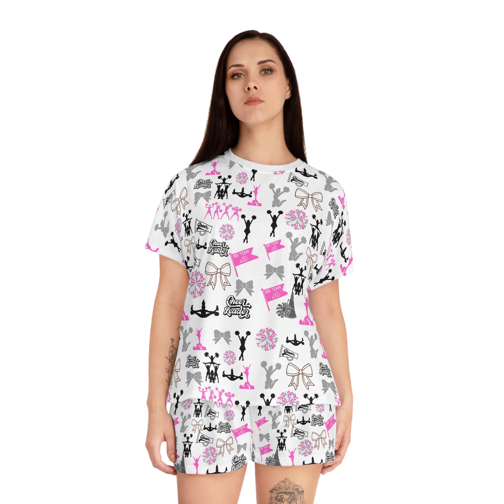 Cheerleader Women's Short Pajama Set — Pink & Black Bachelorette Party Pattern Sleepwear