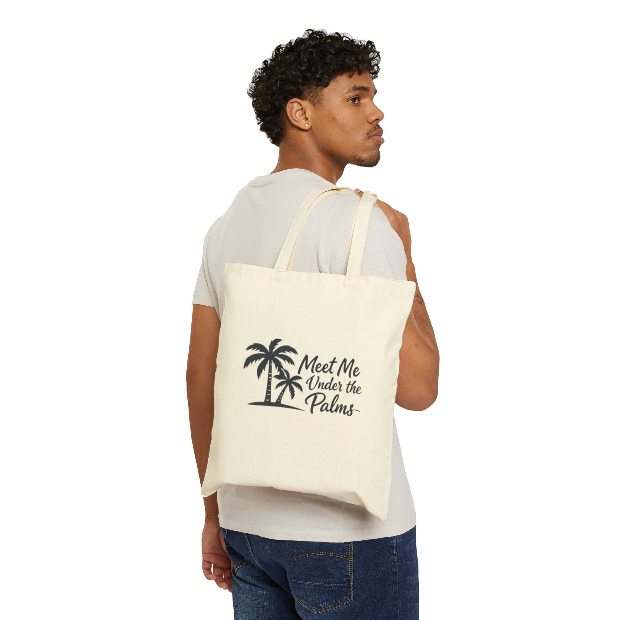 Beach Palm Tote Bag — “Meet Me Under the Palms” / Vacation Canvas Grocery & Beach Tote