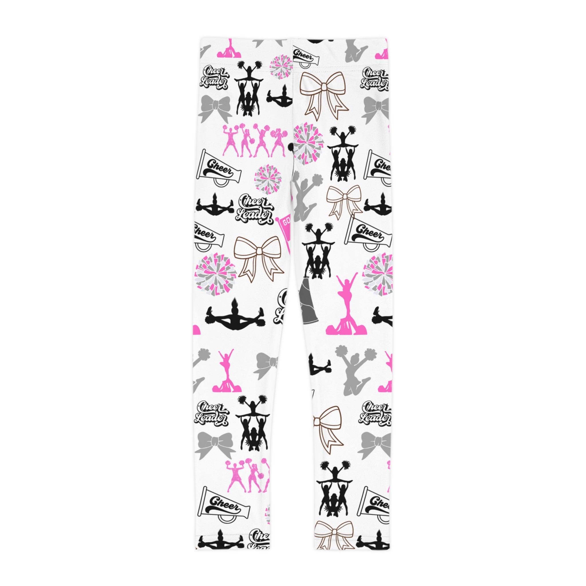 Kids Cheerleading Leggings — Pink & Gray Cheerleader Icons All-Over Print