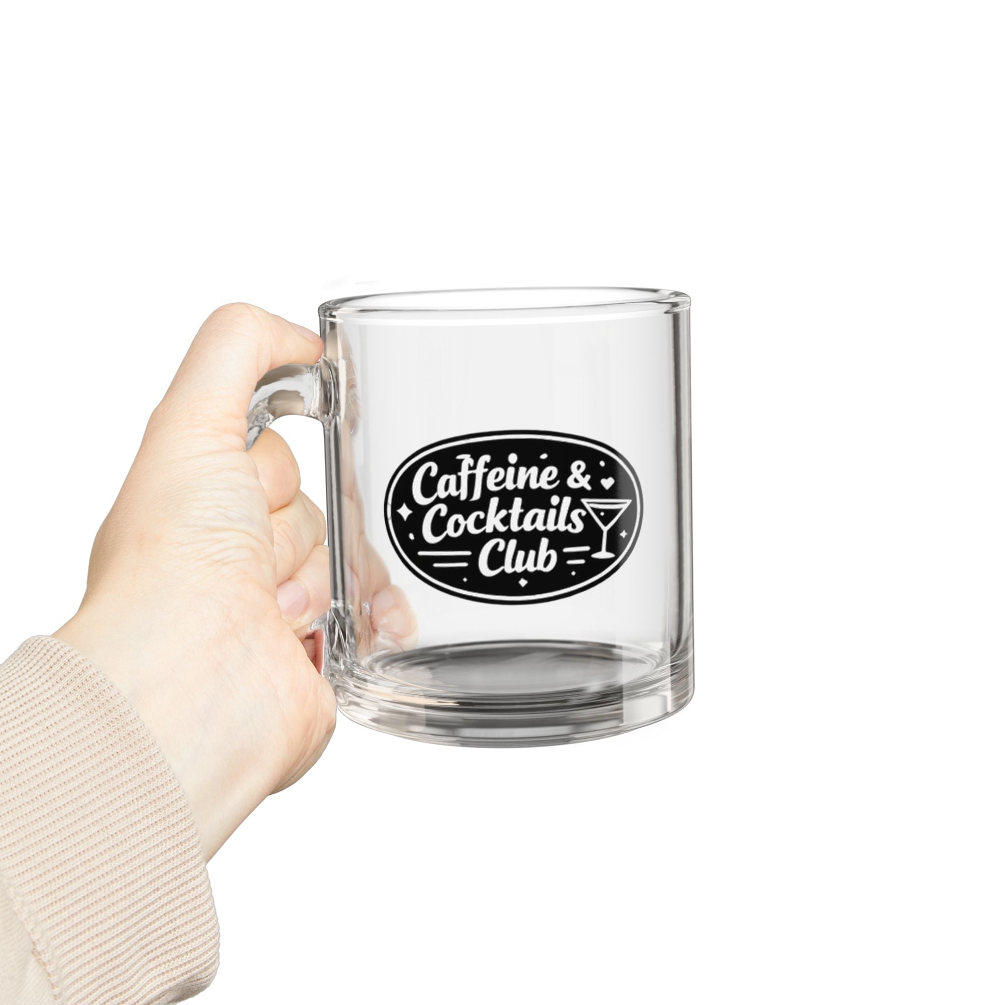 Caffeine & Cocktails Club Glass Mug — 10oz Clear Coffee & Cocktail Cup