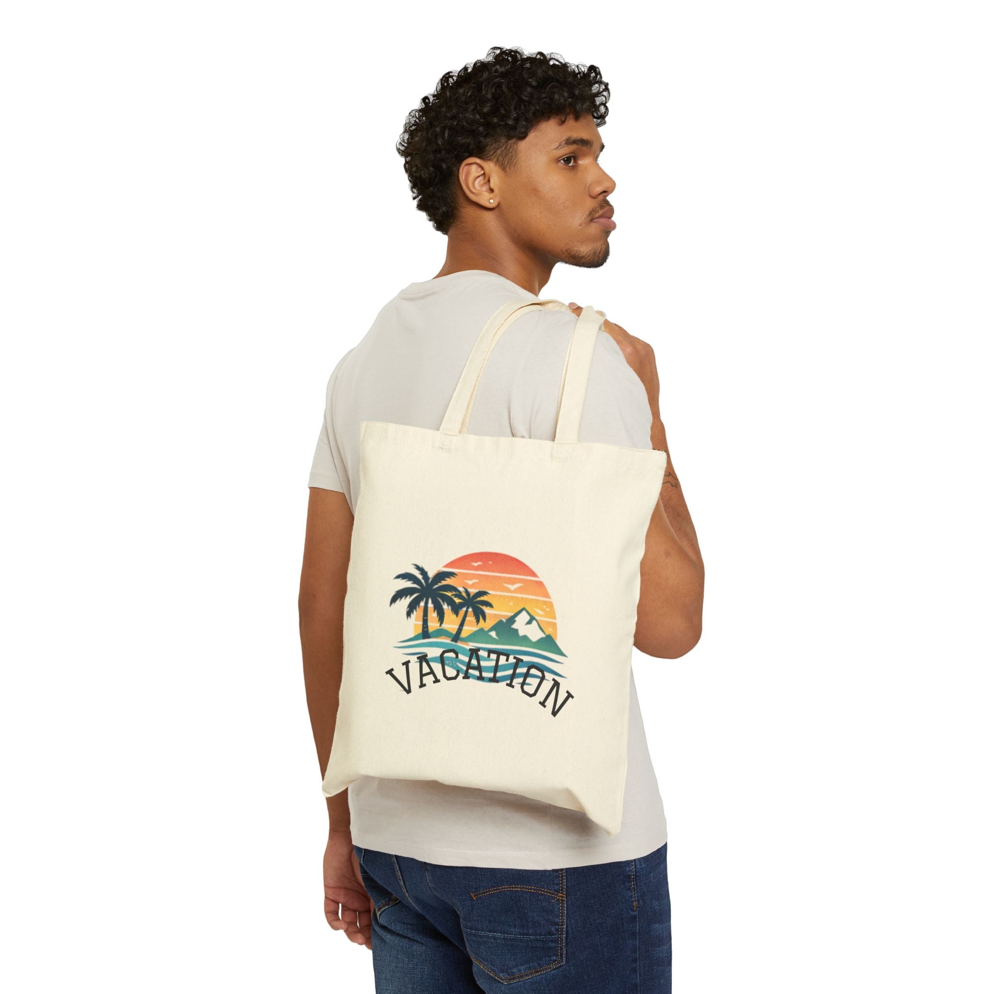 Beach Palm Tote Bag — “Meet Me Under the Palms” / Vacation Canvas Grocery & Beach Tote