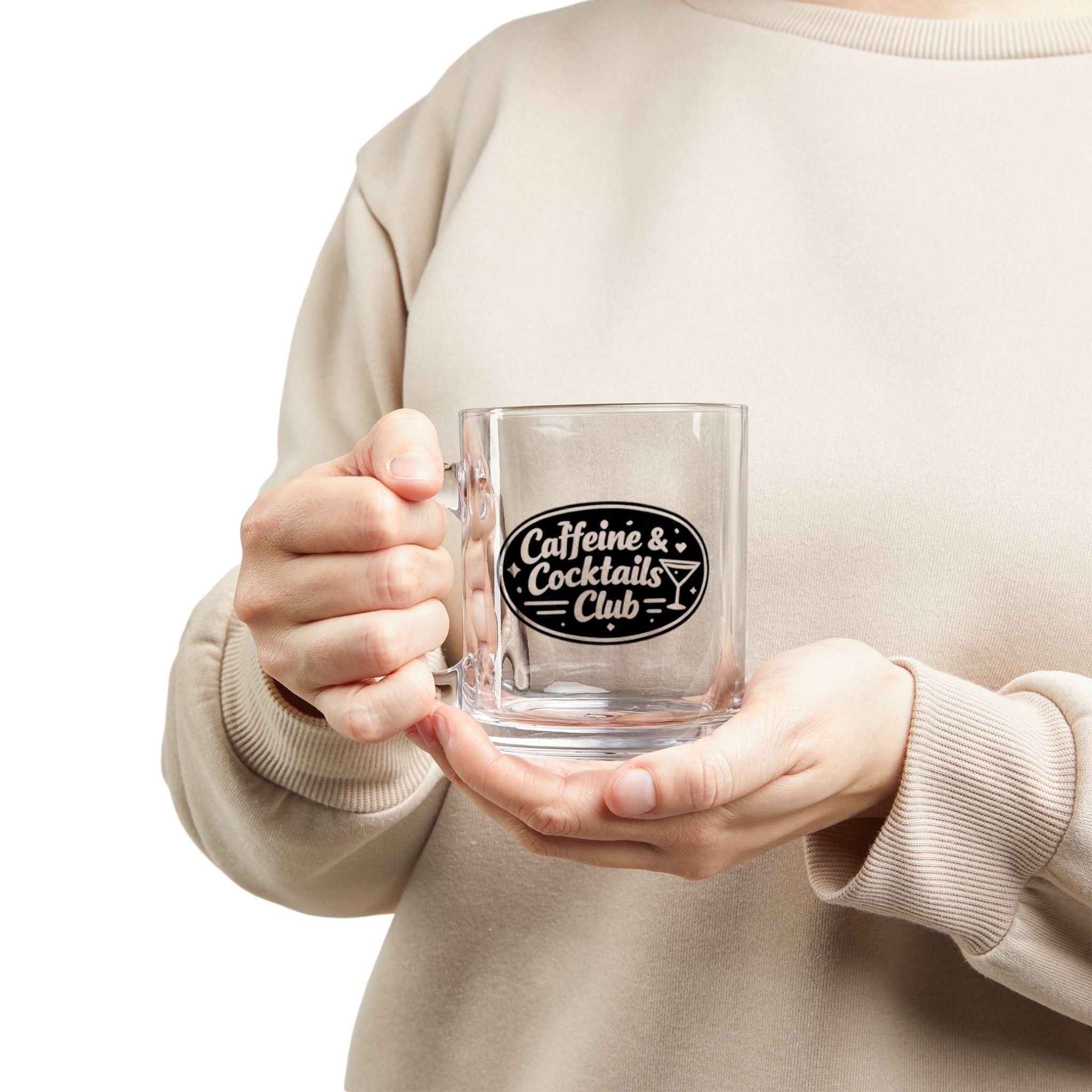 Caffeine & Cocktails Club Glass Mug — 10oz Clear Coffee & Cocktail Cup
