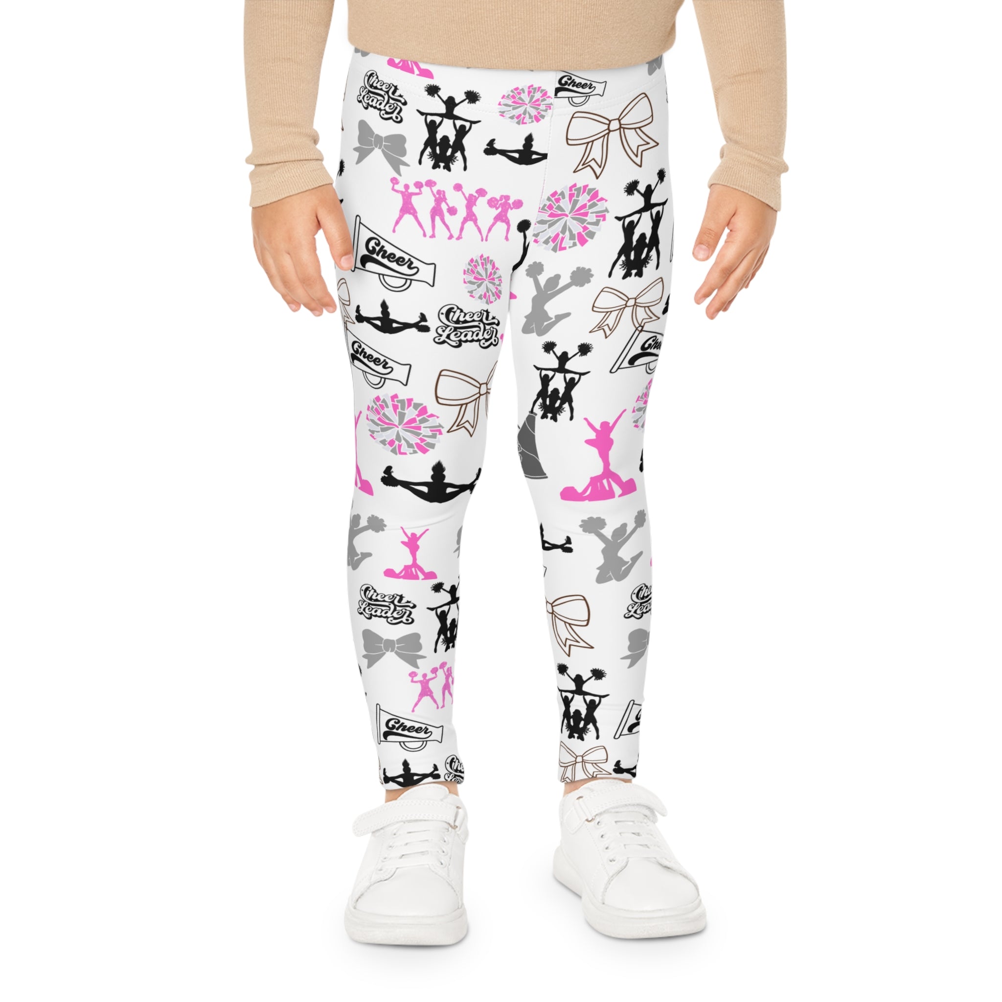 Kids Cheerleading Leggings — Pink & Gray Cheerleader Icons All-Over Print