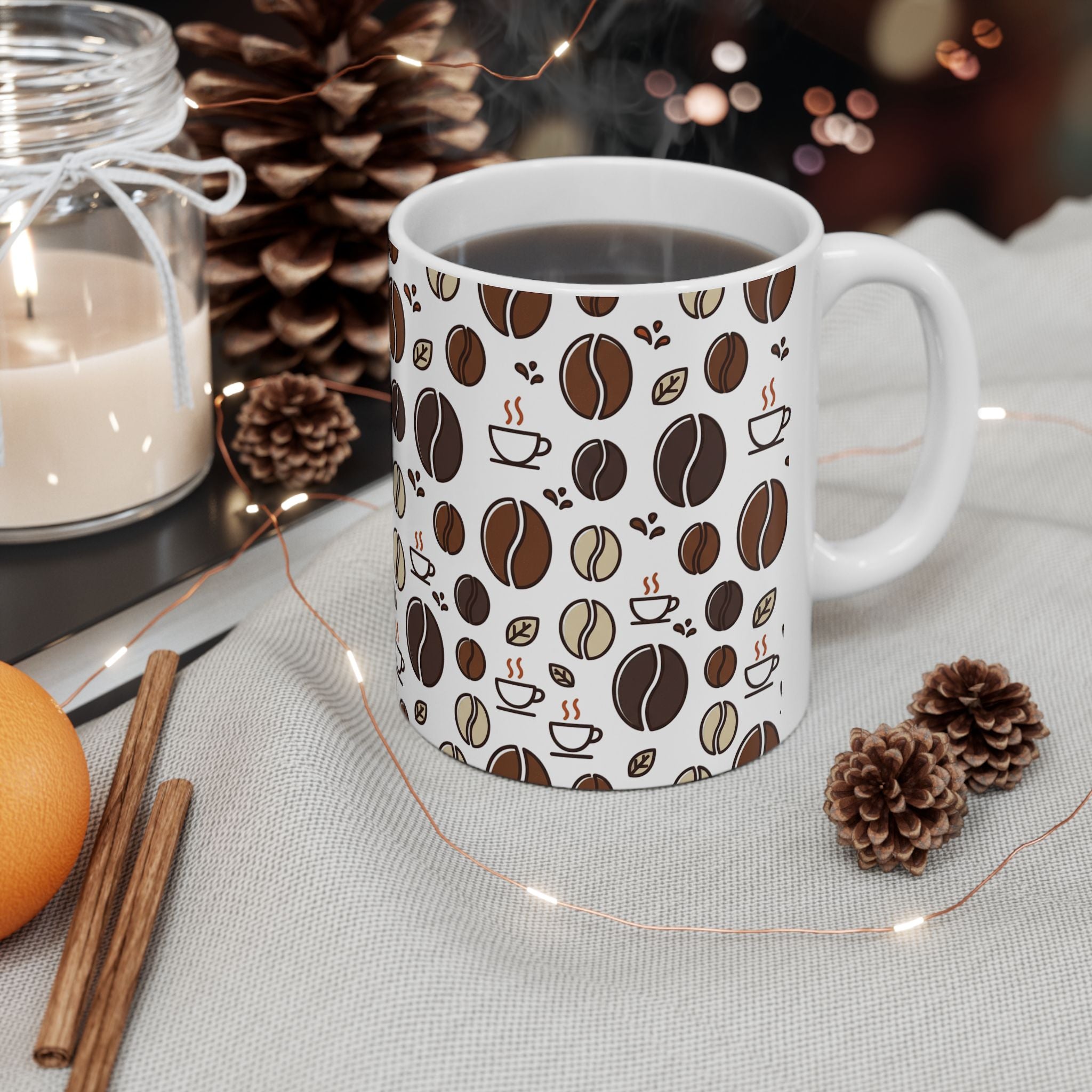 Coffee Bean Pattern Ceramic Mug – 11oz & 15oz Coffee Lover Gift