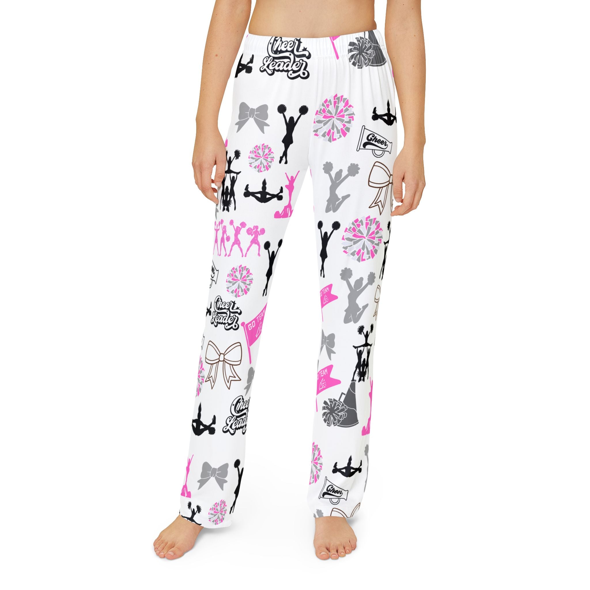 Cheerleader Print Kids Lounge Pants — Pink & Gray All-Over Cheer Design