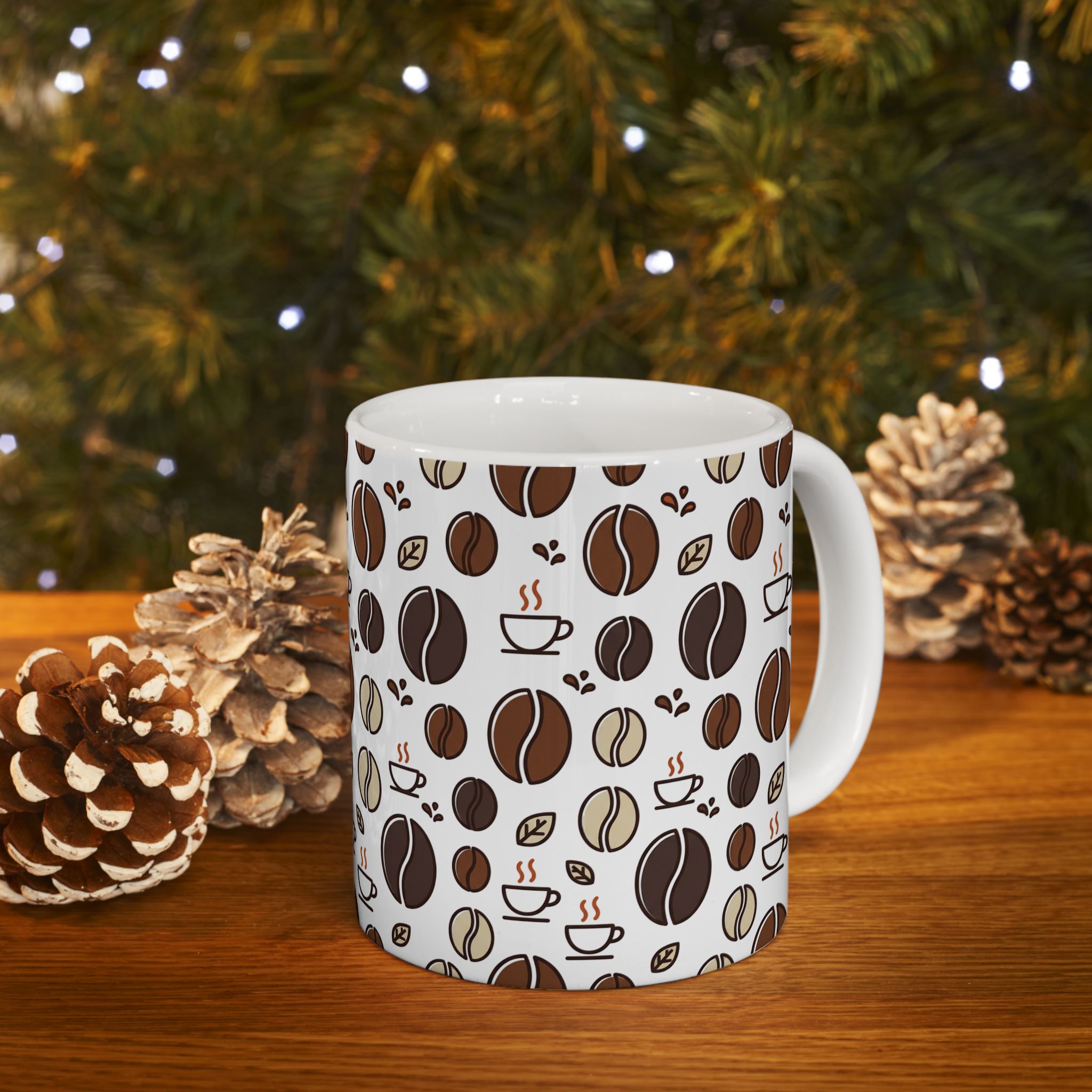 Coffee Bean Pattern Ceramic Mug – 11oz & 15oz Coffee Lover Gift
