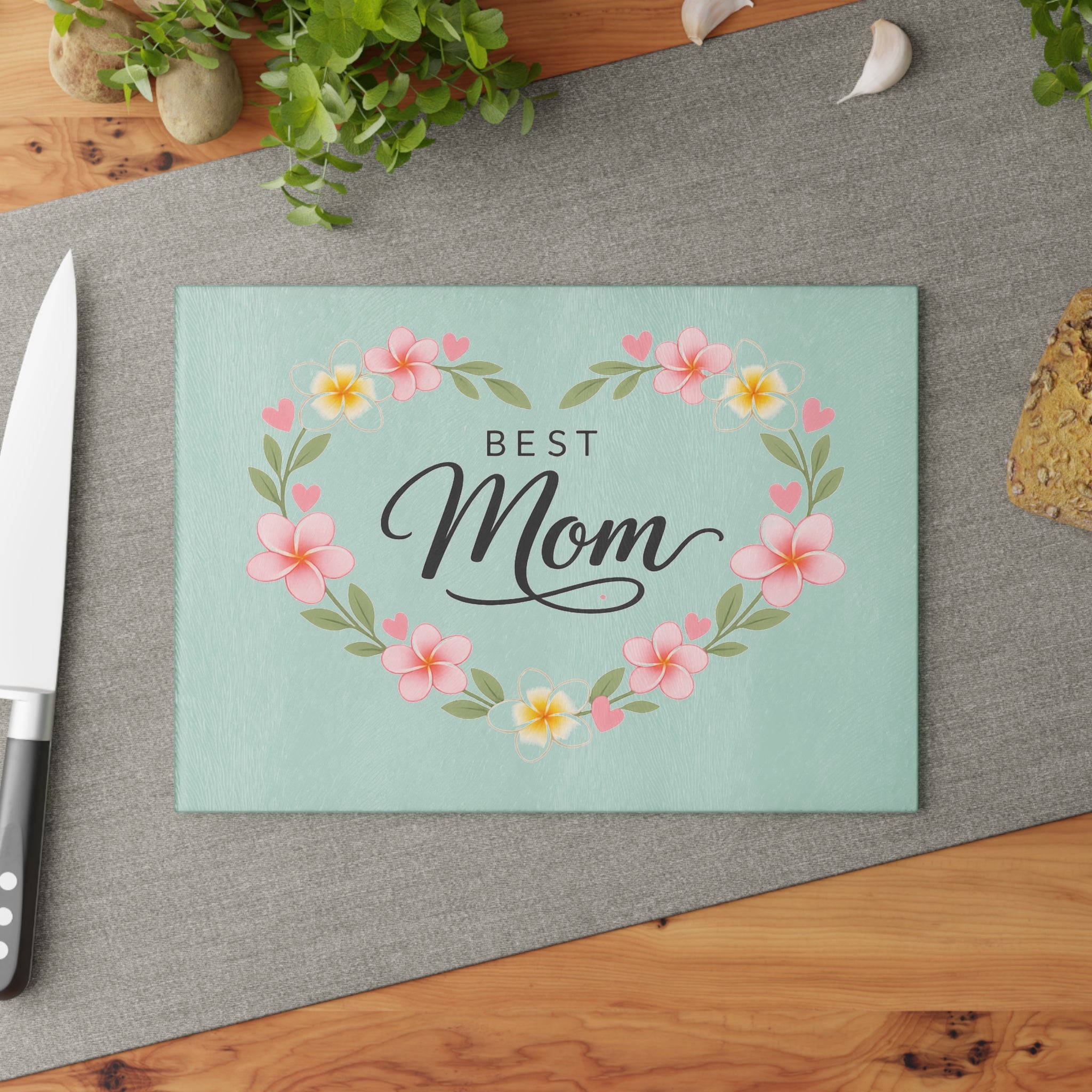 Best Mom Floral Glass Cutting Board — Mother’s Day Kitchen Gift